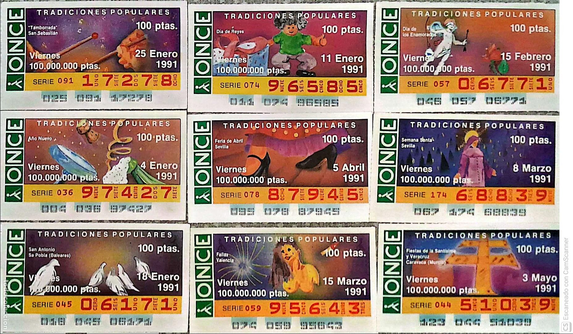 Bilhetes ONCE: ONCE. 17 Cupones distintos. Tradiciones populares Los n&uacute;meros pueden variar. Perfecto estado de cons