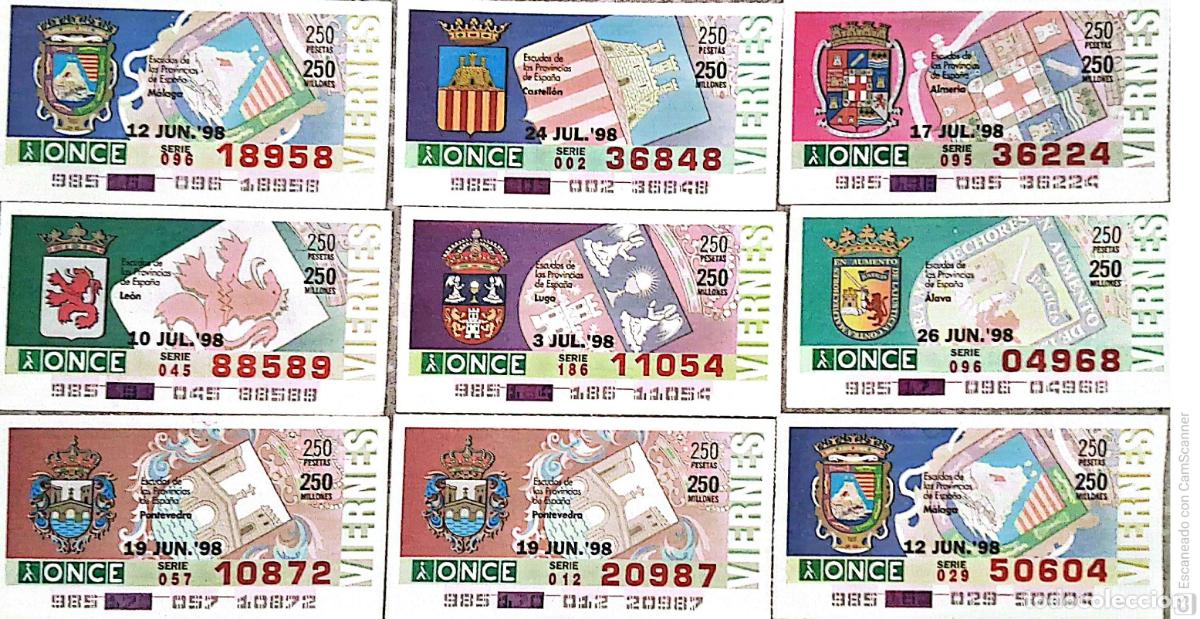 Bilhetes ONCE: ONCE. 9 Cupones distintos. Escudos de Espa&ntilde;a Los n&uacute;meros pueden variar. Perfecto estado de conservac