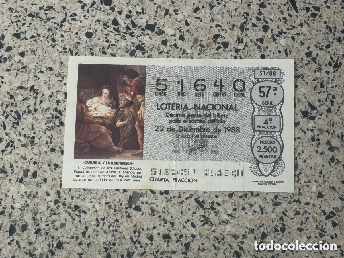 Cupones ONCE: D&eacute;cimo Loter&iacute;a Nacional Navidad 1988 - N&ordm; 51640 - Serie 57&ordf; Fracci&oacute;n 4&ordf;