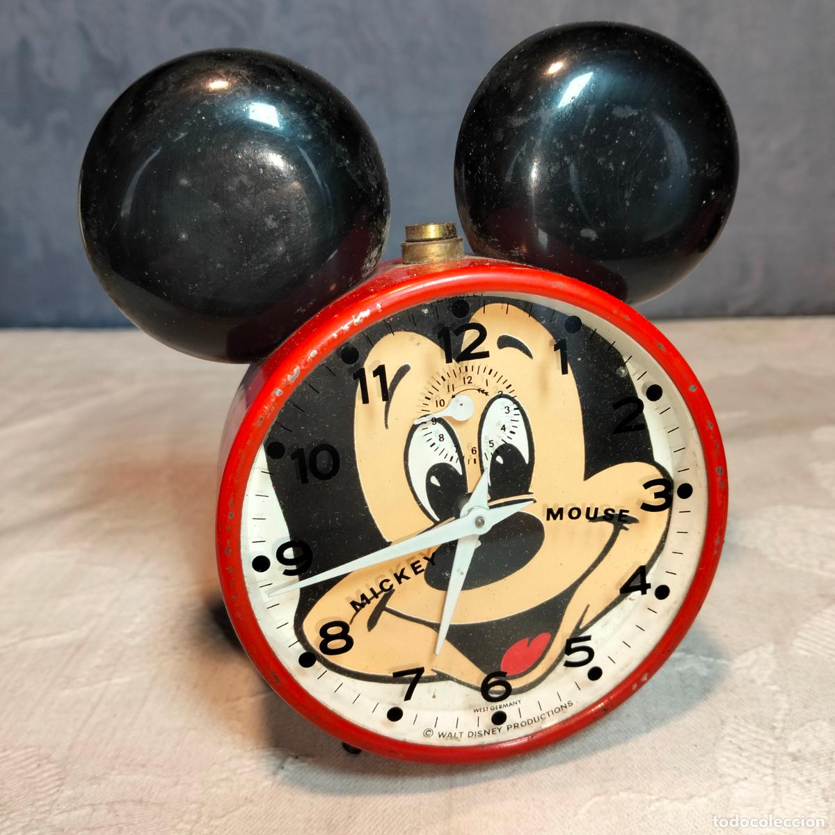 Sveglie antichi: Antiguo reloj despertador de hierro o metal Mickey Mouse Walt Disney vintage West Germany rojo negro