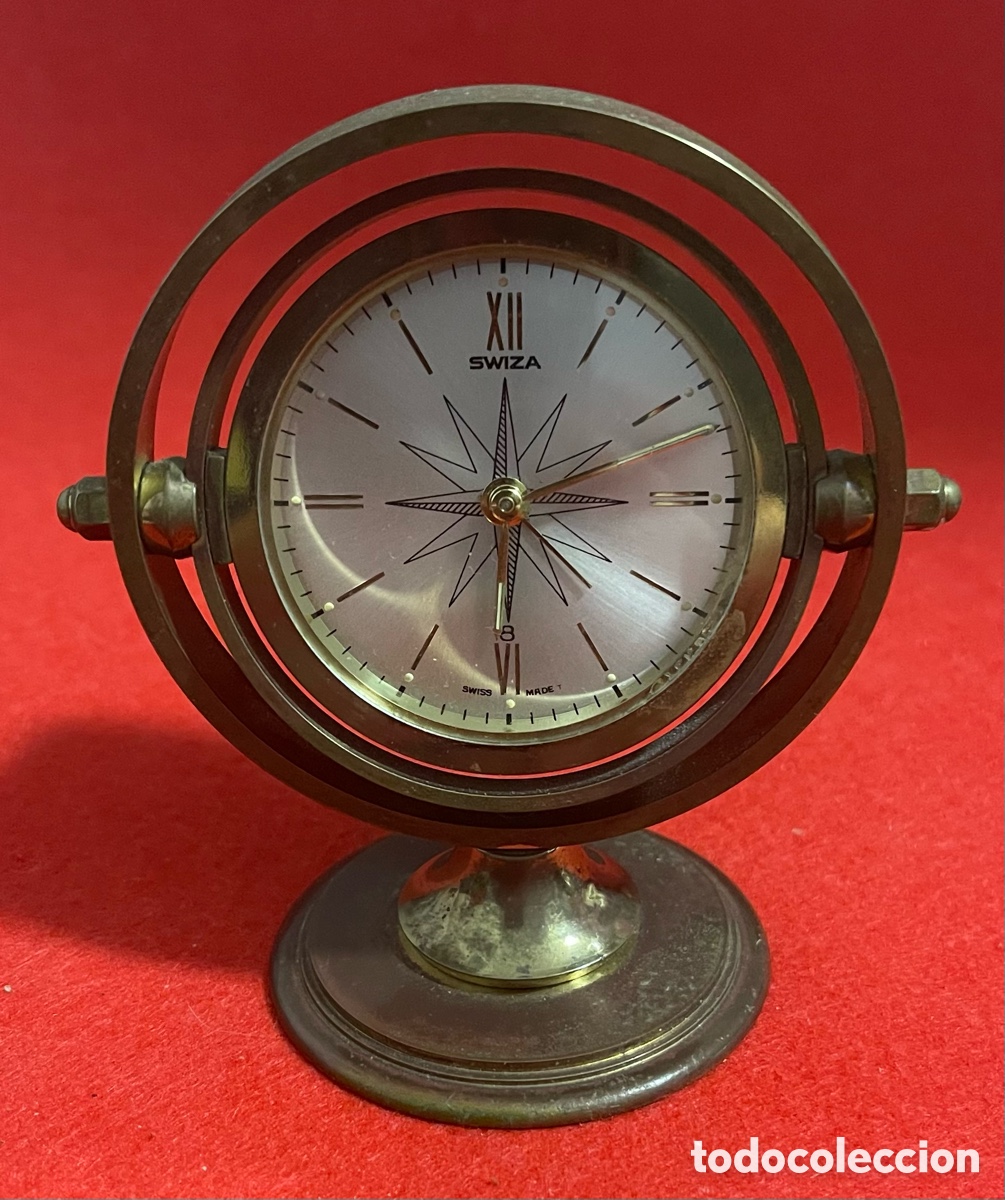 Despertadores antiguos: Reloj de sobremesa, despertador, giratorio,Swiza, en su caja original. Funcionando
