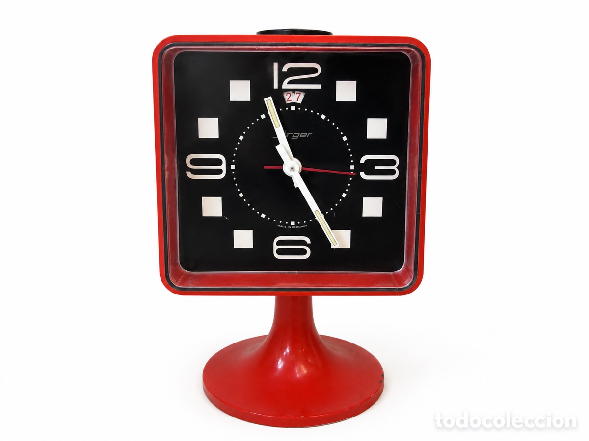 Despertadores antiguos: Reloj de sobremesa Jerger Space Aged Cube con base Tulip alemania Occidental c.1972