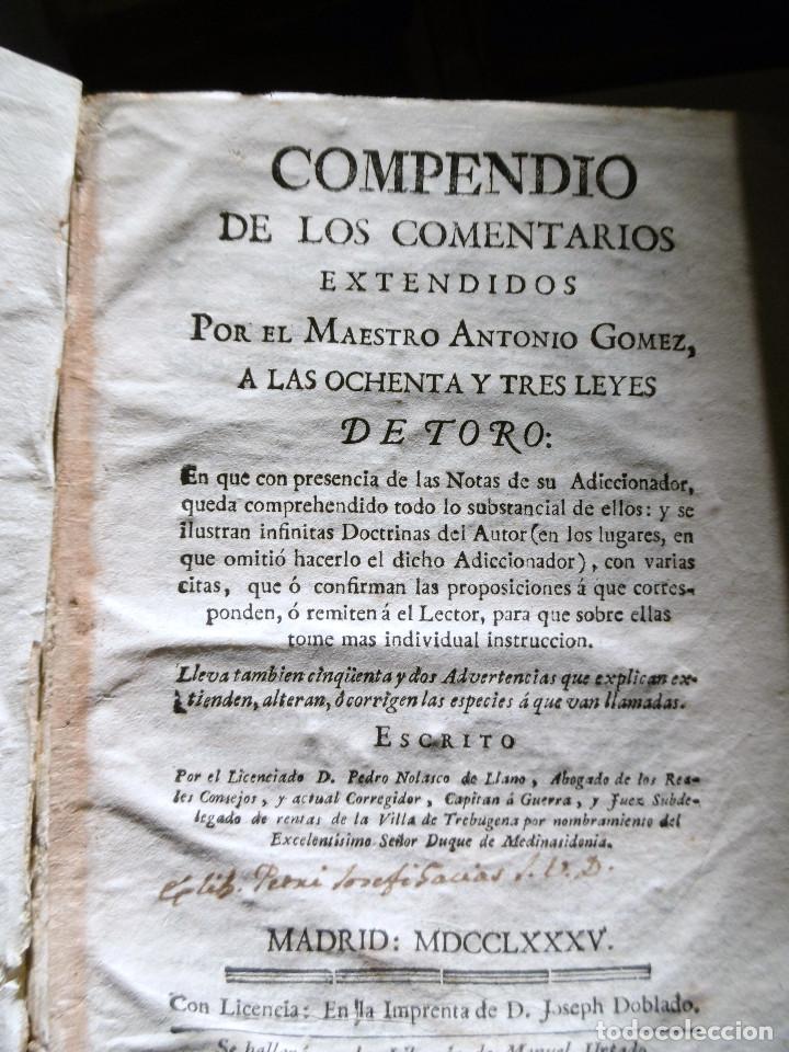 Diccionarios antiguos: COMPENDIO DE LOS COMANTARIOS EXTENDIDOS -ANTONIO GOMEZ . A&Ntilde;O 1785 - Foto 1
