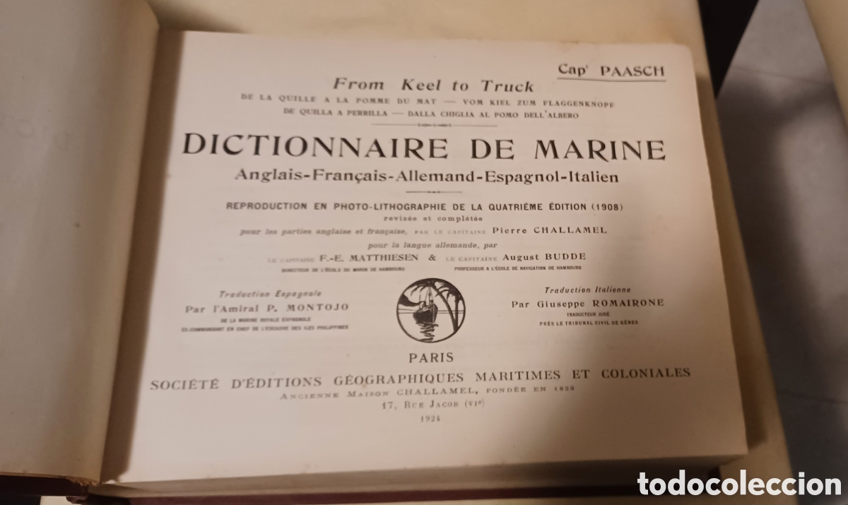 Diccionarios antiguos: Dictionnaire de Marine 1924 - Foto 3