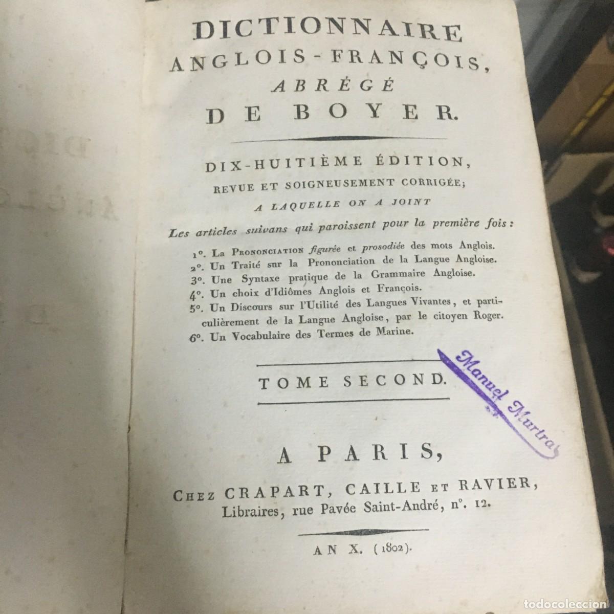 Diccionarios antiguos: DICTONNAIRE ANGLOIS , ABREG&Eacute; - Foto 2