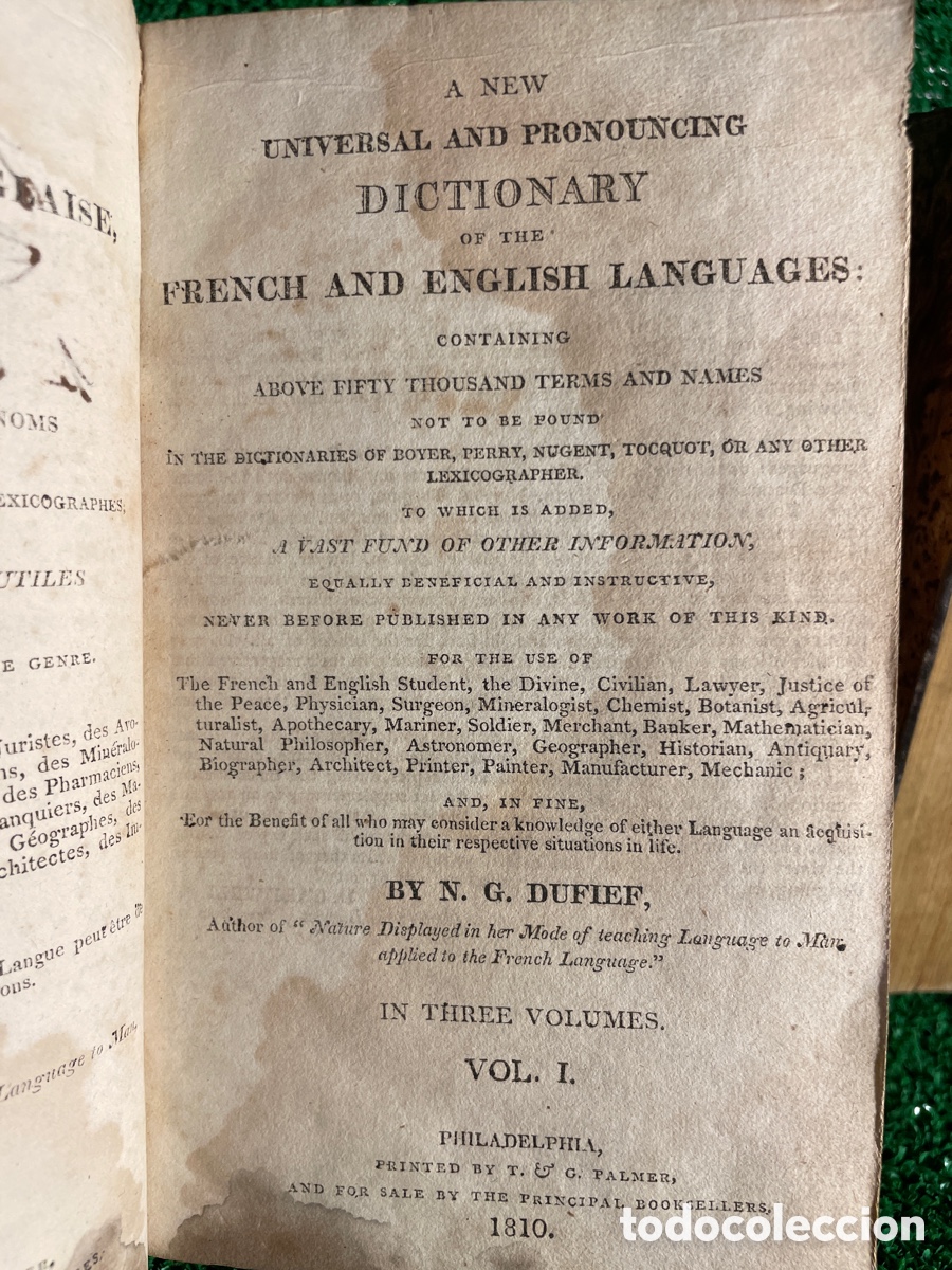 Diccionarios antiguos: Diccionario Universal de Frances e Ingles - Dufief - Foto 4
