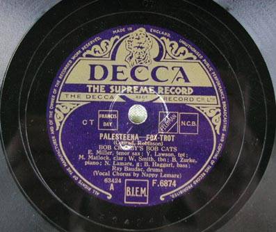 Discos de pizarra: BOB CROSBYS BOB CATS  ( PALESTEENA - SLOW MOOD )  DECCA - Foto 1