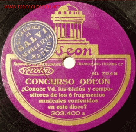Discos de pizarra: DISCO 78 RPM Concurso Odeon / Marcos Redondo - Foto 1