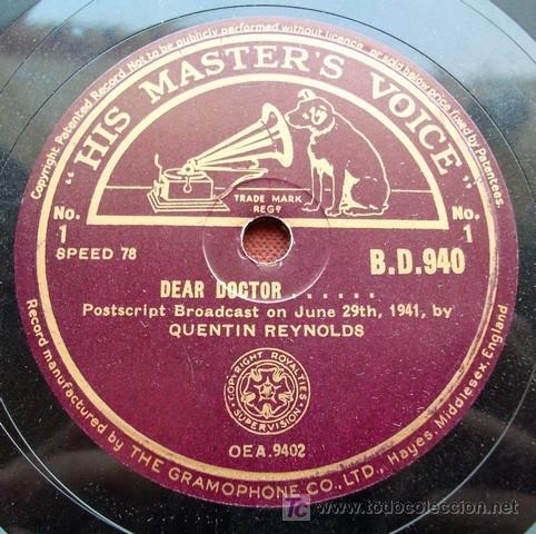 Discos de pizarra: HMV BD 940 - QUENTIN REYNOLDS - DEAR DOCTOR 10 - Foto 1