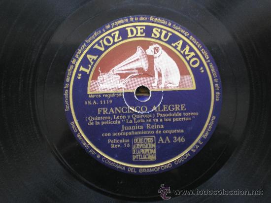 Discos de pizarra: JUANITA REINA: FRANCISCO ALEGRE / A LA VELA - Foto 1