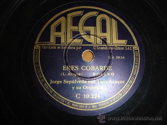 Discos de pizarra: JORGE SEPULVEDA ERES COBARDE EDICION DE ESPA&Ntilde;A BOLERO - Foto 1