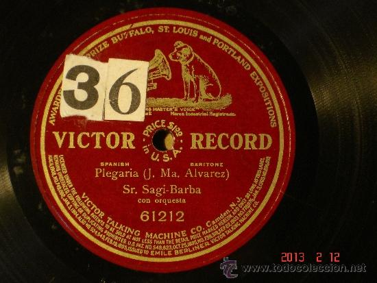 Discos de pizarra: Sr. Sagi-Barba con Orquesta - Plegaria - Victor Record 61212 - Foto 1