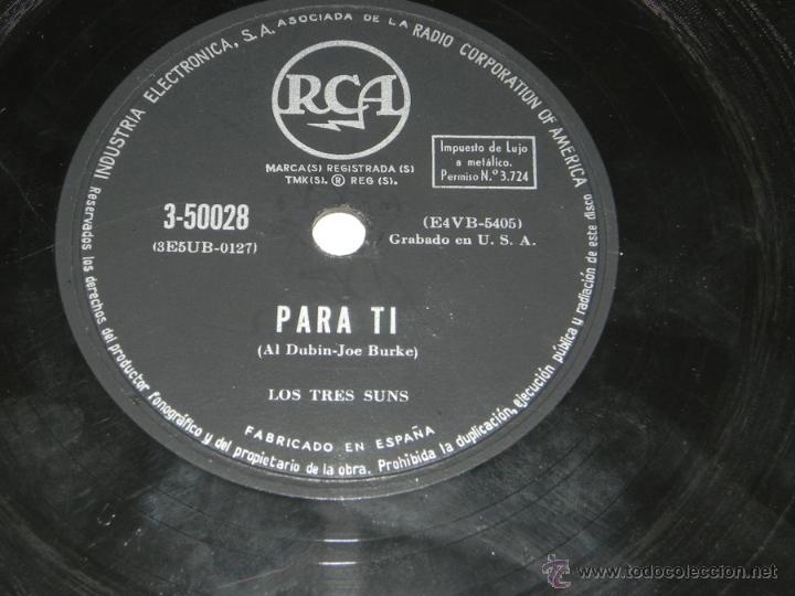 Discos de pizarra: DISCO DE PIZARRA LOS TRES SUNS, PERDIDO / PARA TI, ED. RCA. - Foto 2