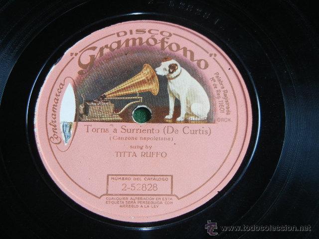 Discos de pizarra: TITTA RUFFO - TORNA A SURRIENTO - DISCO GRAMOFONO 2-52828 . MONOCARA - Foto 1