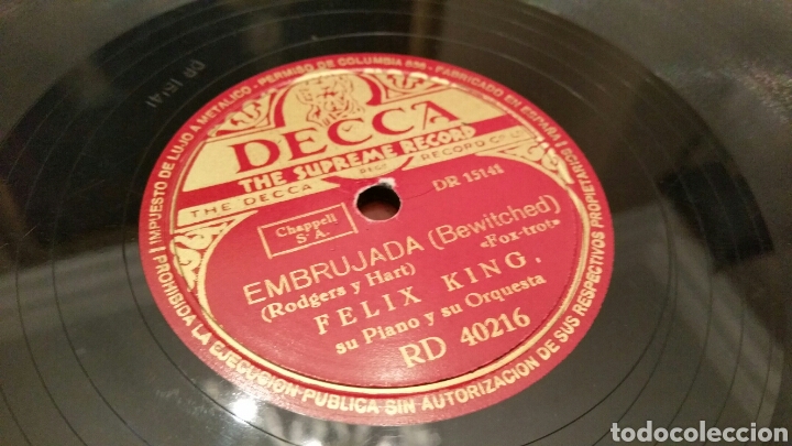 Discos de pizarra: Disco de Gramófono (Pizarra). EMBRUJADA - Félix King, su Piano y su Orquesta. (Fox-trot). - Foto 1 - 78304587