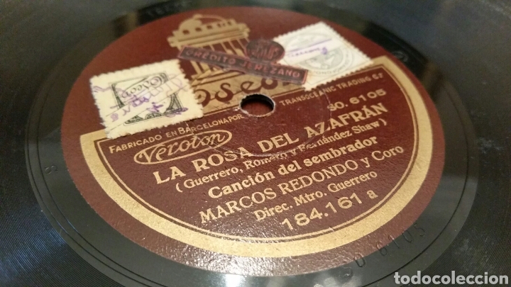 Discos de pizarra: Disco de Gram&oacute;fono (Pizarra). La Rosa del Azafr&aacute;n. ODEON. 78 Rev. - Foto 1