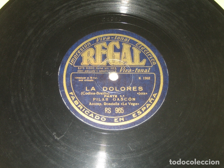 Discos de pizarra: PILAR GASCON - LA DOLORES - Foto 1