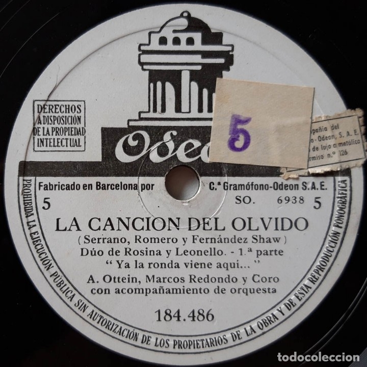 Discos de pizarra: La Canci&oacute;n del Olvido, Odeon, 4 discos de pizarra - Foto 6