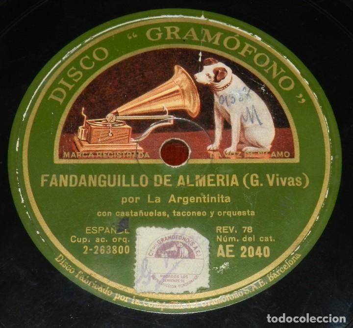 DISCO PIZARRA, DISCO GRAMOFONO, LA ARGENTINITA, FANDANGUILLO DE ALMERIA, EL MORO VOLVIÓ SIN EL, 78 R (Música - Discos - Pizarra - Flamenco, Canción española y Cuplé)