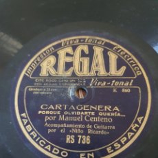 Discos de pizarra: MANUEL CENTENO CARTAGENERA 78 RPM. Lote 365220066