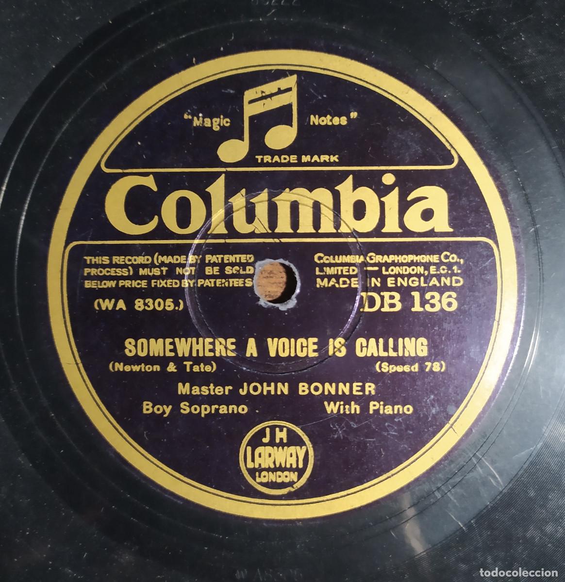 Discos de pizarra: 10&rdquo; MASTER JOHN BONNER &ndash; Somewhere A Voice Is Calling / Angels Guard Thee (VG++) Pizarra - Foto 1