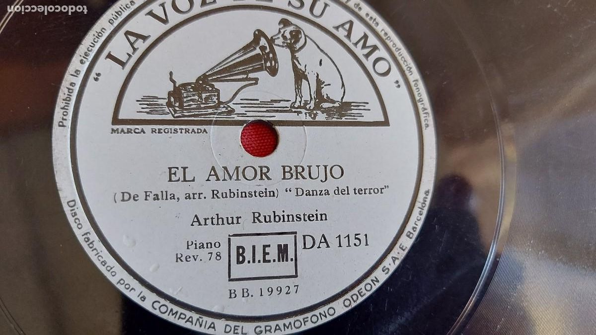 Discos de pizarra: ( N&ordm;90 )AMOR BRUJO DE FALLA ARTHUR RUBINSTEIN, DISCO ESTA PROBADO, 25 CM - Foto 2
