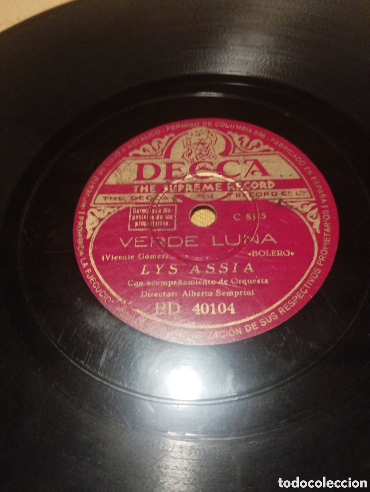 Discos de pizarra: Verdes Luna orquesta Alberto Samprini - Foto 1