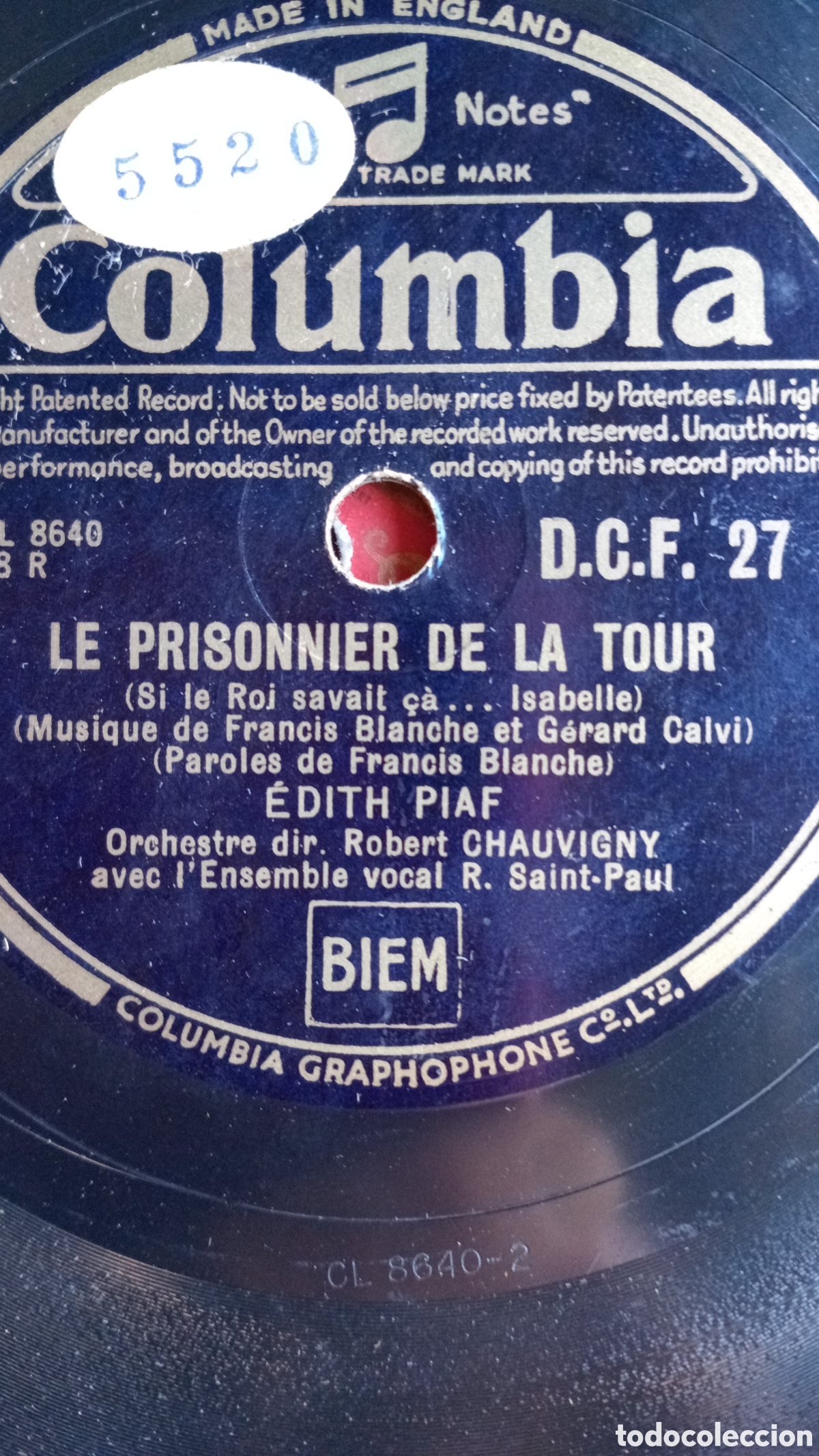Discos de pizarra: LA PRISONNIER DE LA TOUR E.PIAF GEABADO EN INGLATERRA - Foto 1