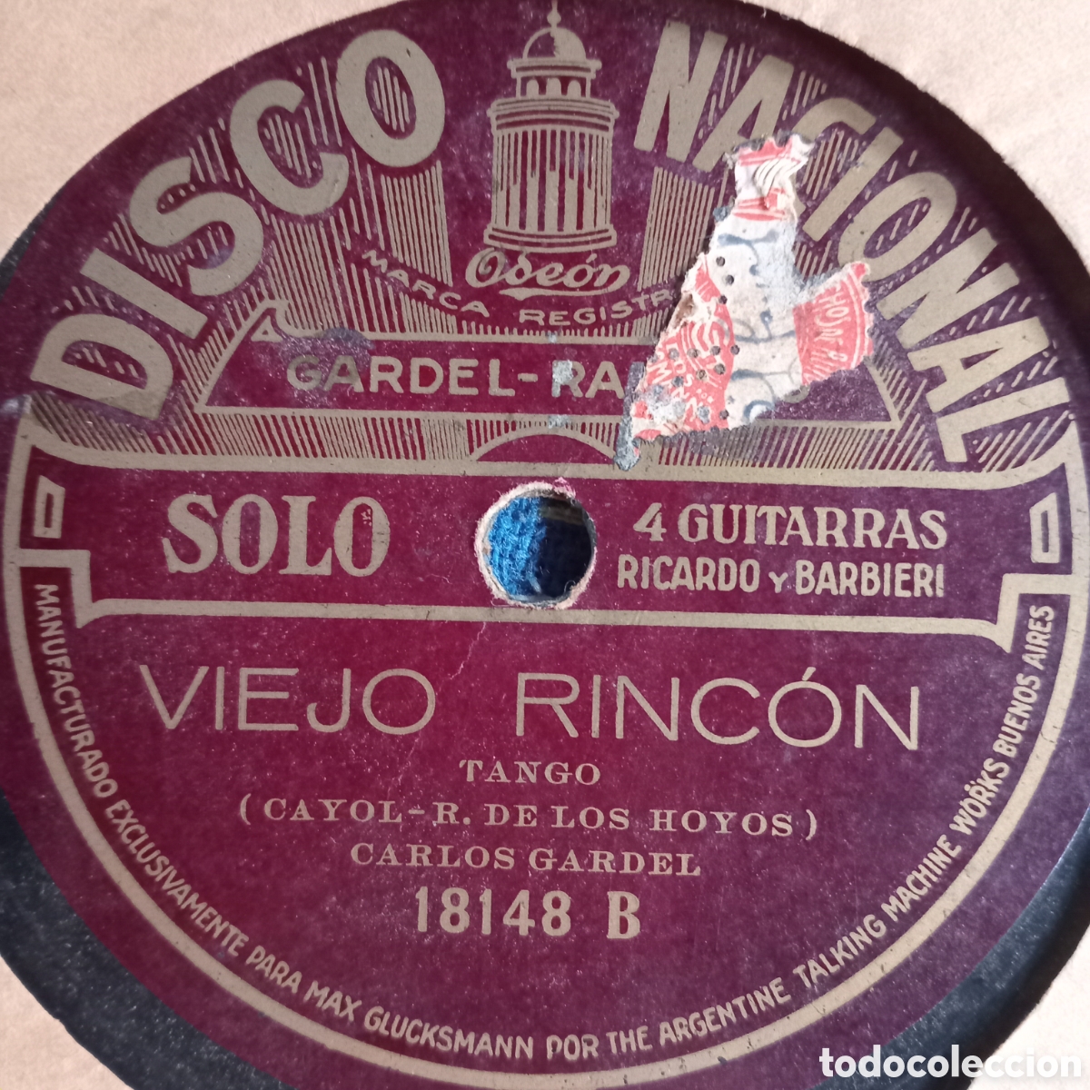 Discos de pizarra: C.GARDEL &rdquo; VIEJO RINCON &rdquo; EL TRIUNFO - Foto 1