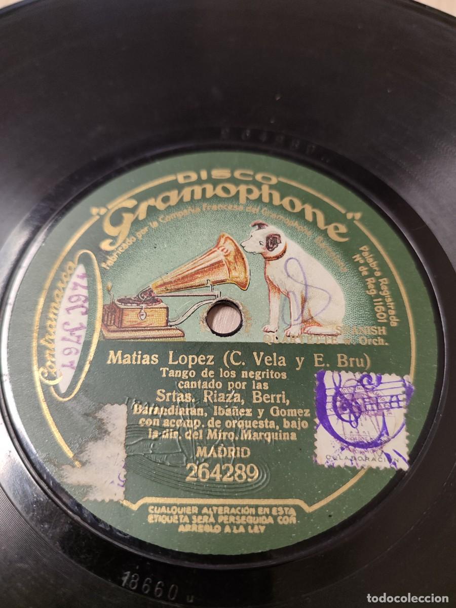 Discos de pizarra: Zarzuela Mat&iacute;as L&oacute;pez (C. Vela y E. Bru) Tango del tren/ Tango de los negritos. Srtas. Riaza, Berri