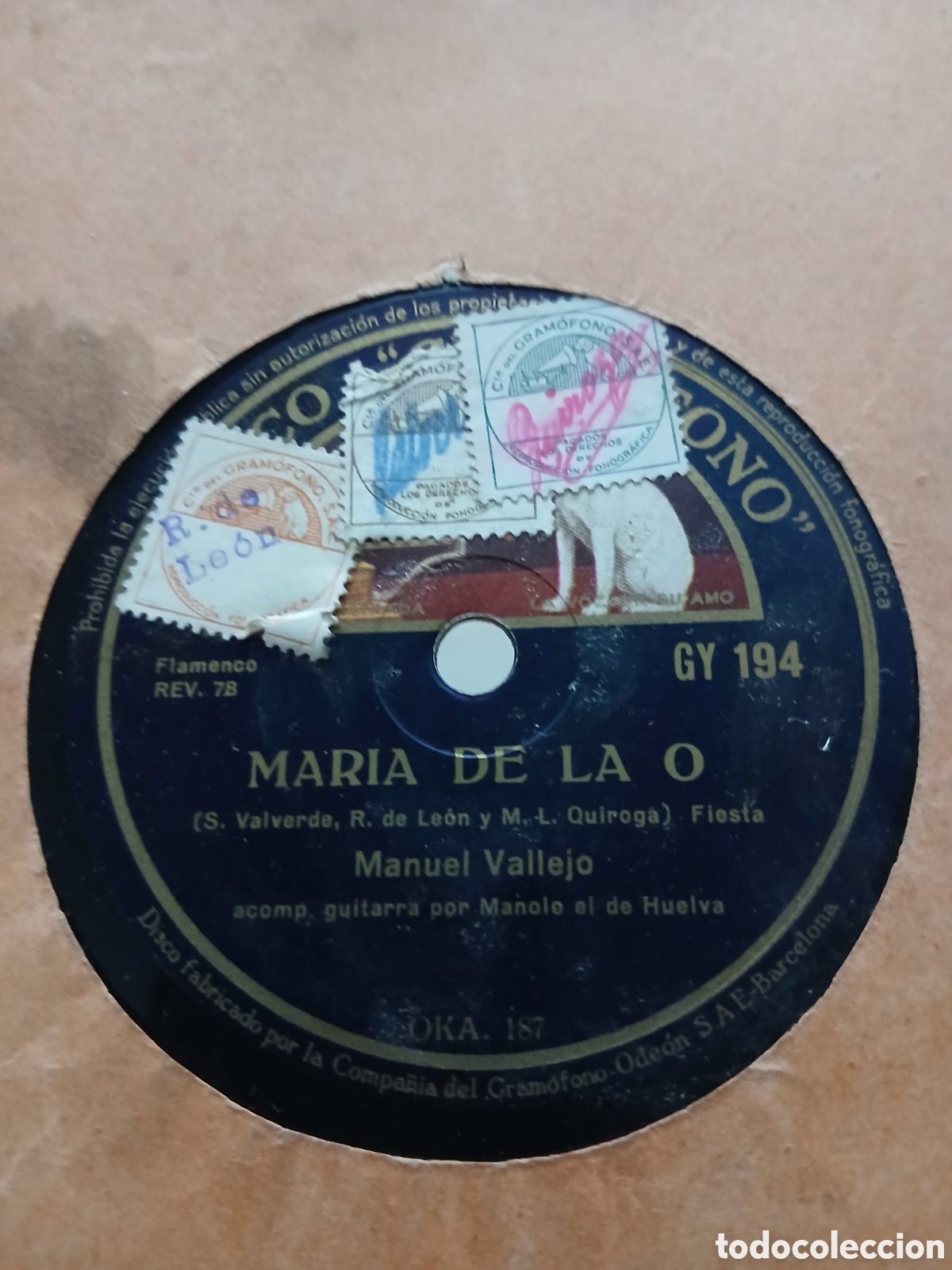 Discos de pizarra: Pizarra Manuel Vallejo MARIA DE LA O
