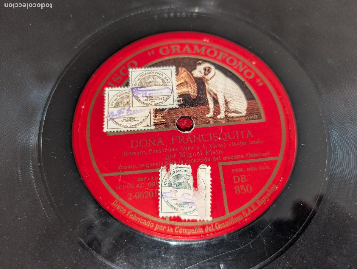 Discos de pizarra: MIGUEL FLETA Los gavilanes/Do&ntilde;a Francisquita 12'' Disco Gramofono DB850 ESPA&Ntilde;A SPAIN