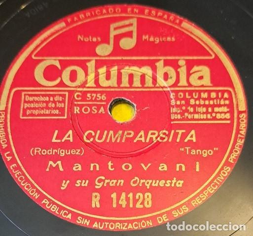 Discos de pizarra: Disco Pizarra 78rpm 10&rdquo;. Columbia R 14128. Mantovani y su Orquesta. La Cumparsita / Celos