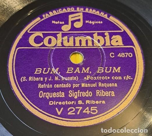 Discos de pizarra: Disco Pizarra 78rpm 10&rdquo;. Columbia V 2745. Orquesta Sigfredo Ribera. Bum, Bam, Bum / Tristesse