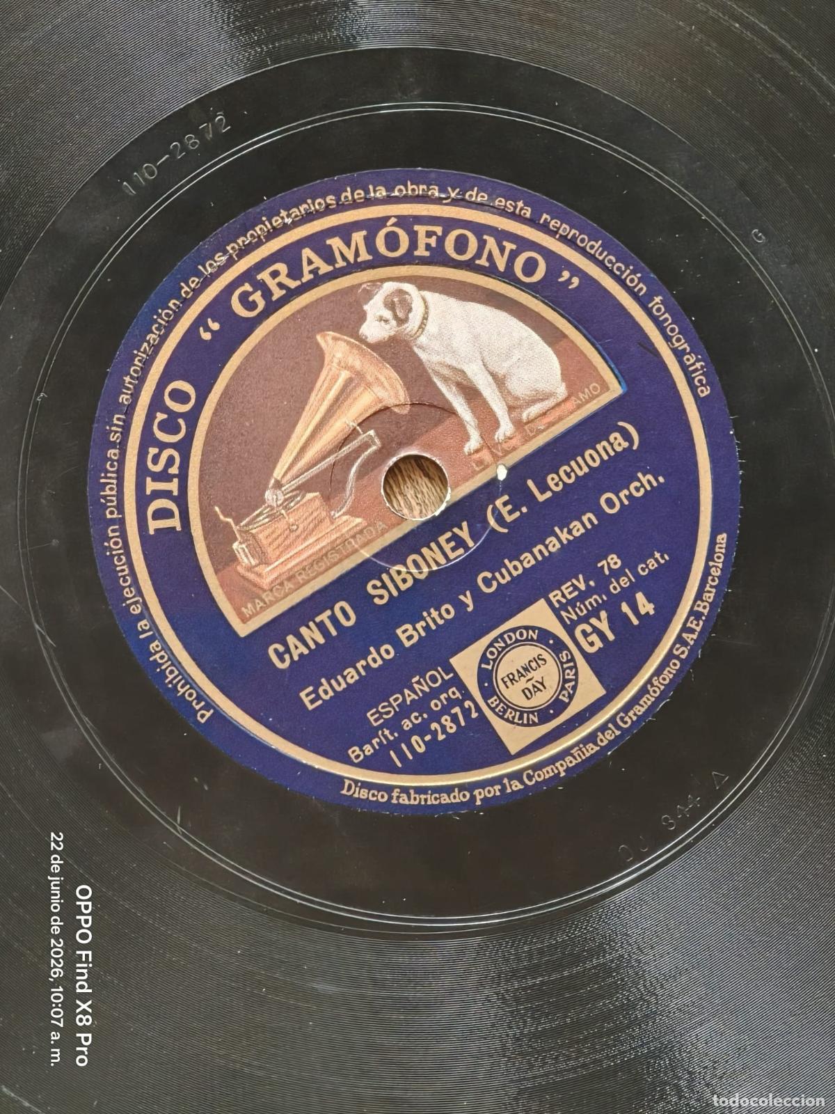 Discos de pizarra: Disco de pizarra gramofono Canto Siboney / Lamento Gitano - Eduardo Brito - Foto 2