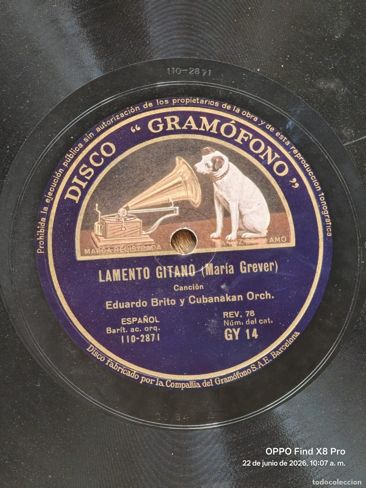 Discos de pizarra: Disco de pizarra gramofono Canto Siboney / Lamento Gitano - Eduardo Brito - Foto 1