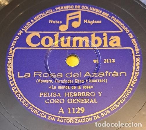 Dischi in gommalacca: Pizarra 78rpm 10&rdquo;. Columbia A1129. Felisa Herrero.La Rosa del Azafran.Las Espigadoras/La Monda de...