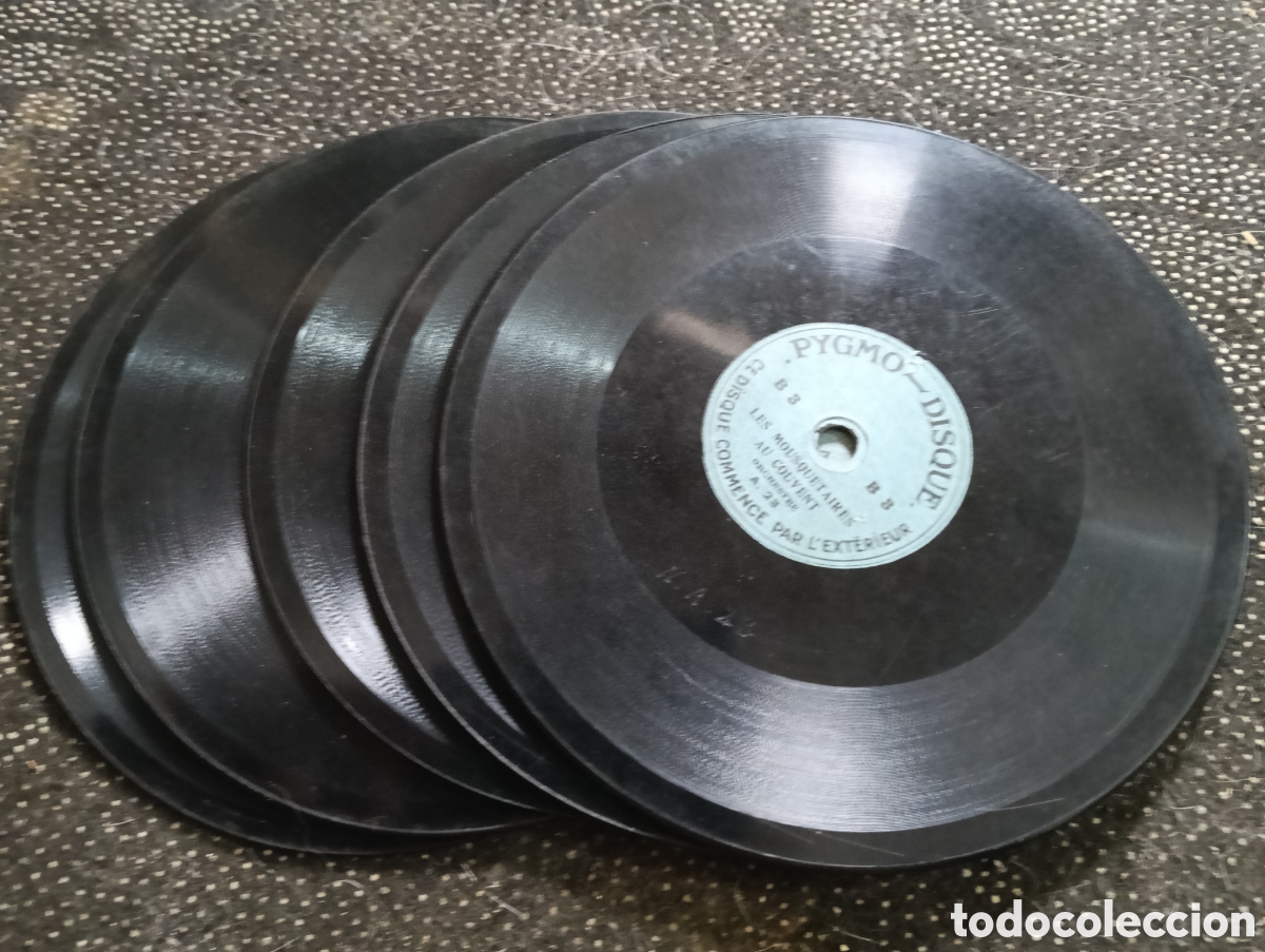 Discos de pizarra: Lote de 5 de discos de 15 cm. de pizarra de 78 RPM de la marca francesa Pigmo Disque (popular