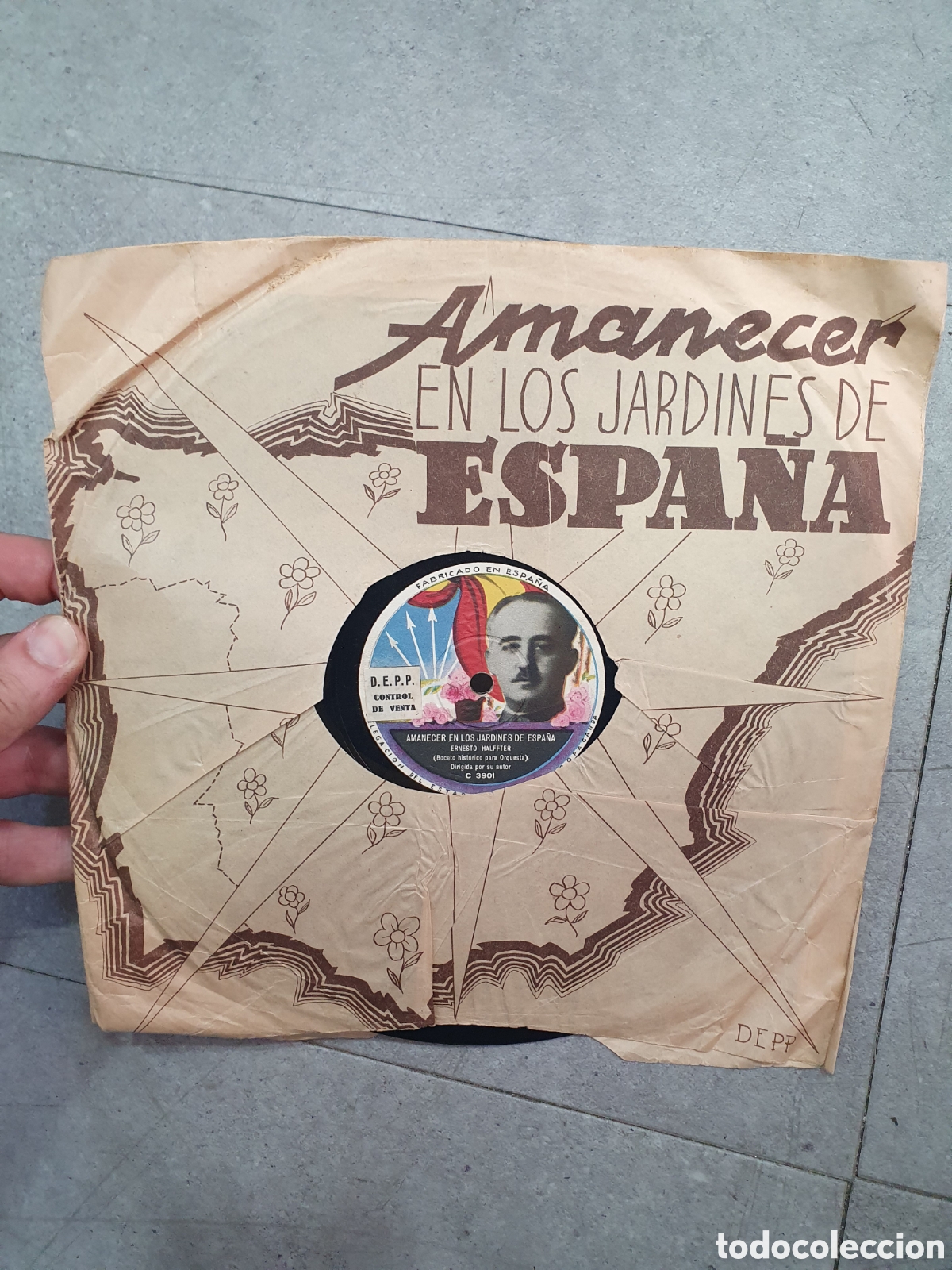 Schellackplatten: Amanecer en los jardines de Espa&ntilde;a. Disco de pizarra. Franco. Guerra Civil.