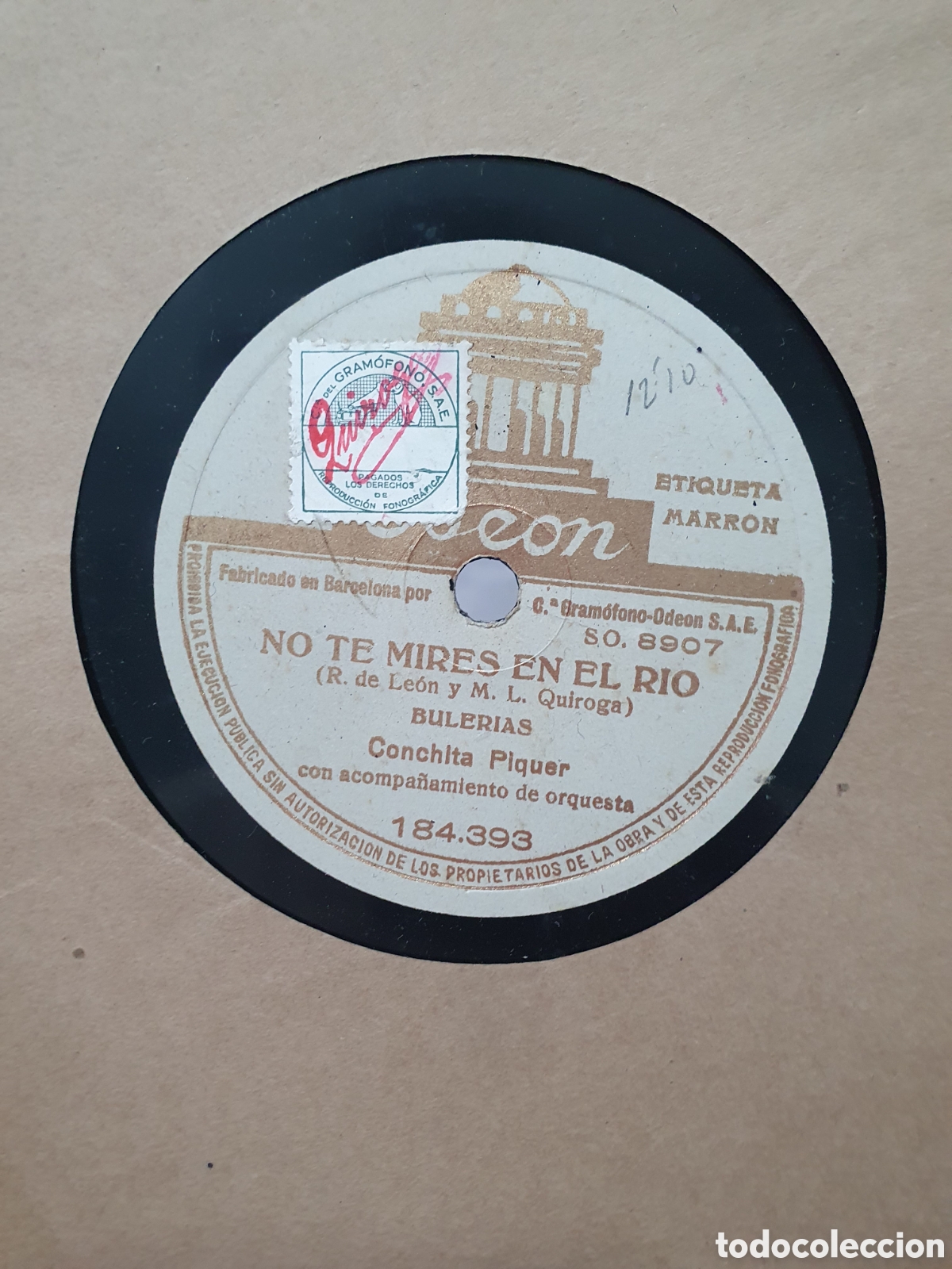 Shellac Records: No te mires en el r&iacute;o y Ojos Verdes. Conchita Piquer. Disco de pizarra