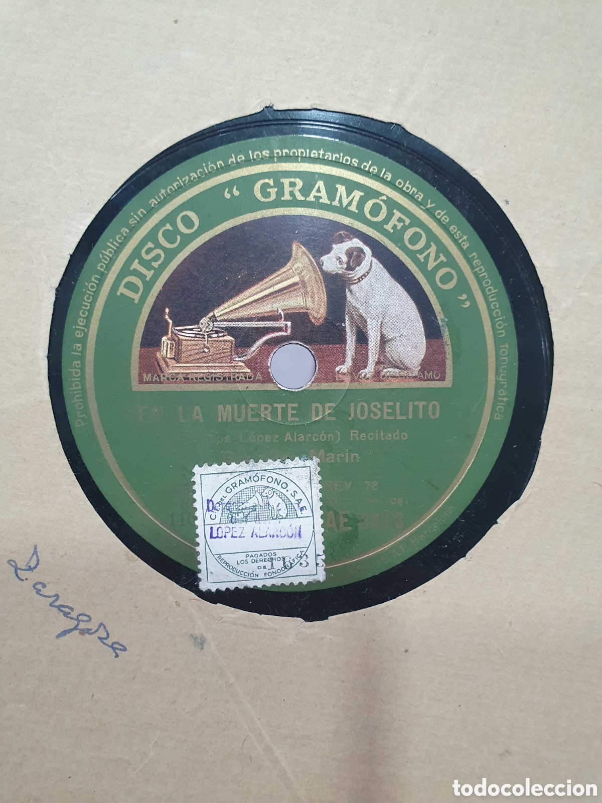 Disques en gomme-laque: En la muerte de Joselito y 3 sonetos. Disco de pizarra