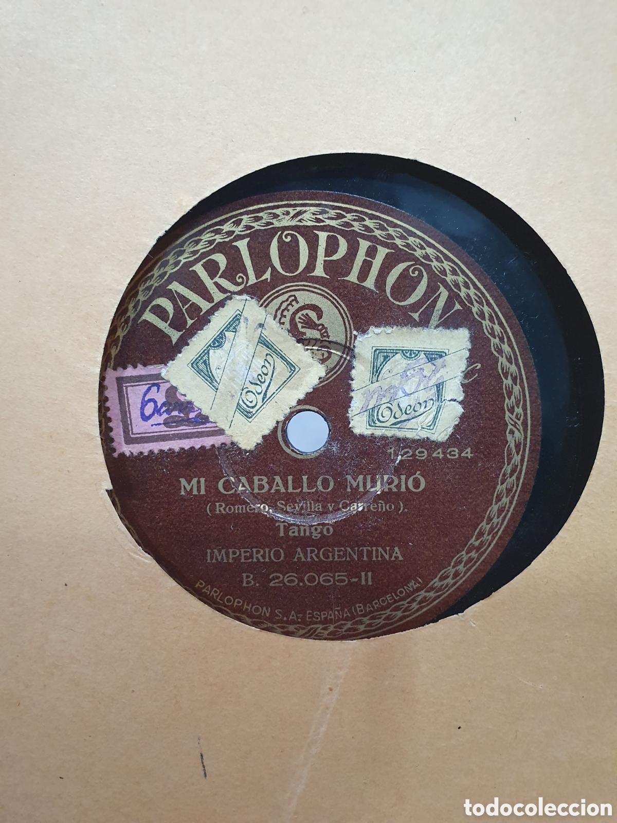 Shellac records: Mi caballo muri&oacute; y Blanca flor. Imperio Argentina. Disco de pizarra.