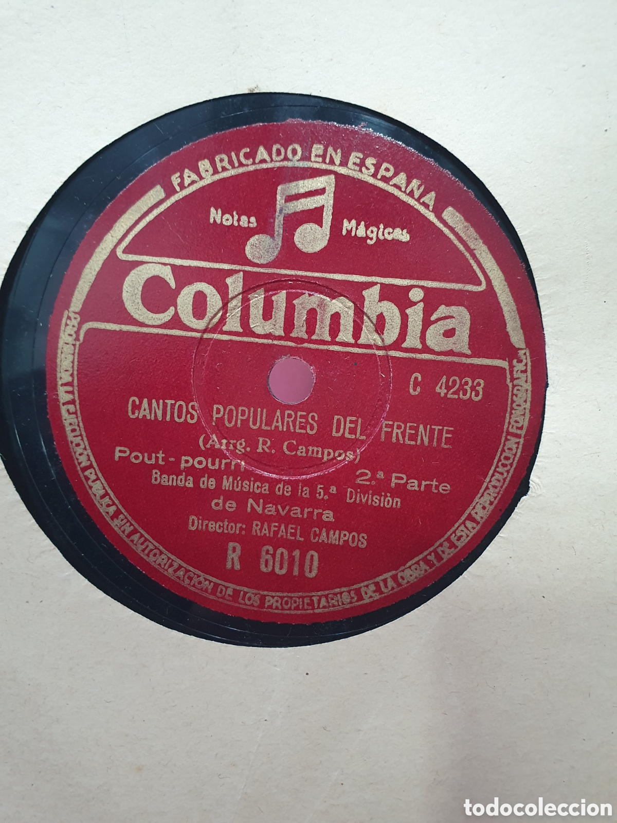Discos de pizarra: Cantos populares del Frente. Navarra. Guerra Civil. Disco de pizarra con rotura.