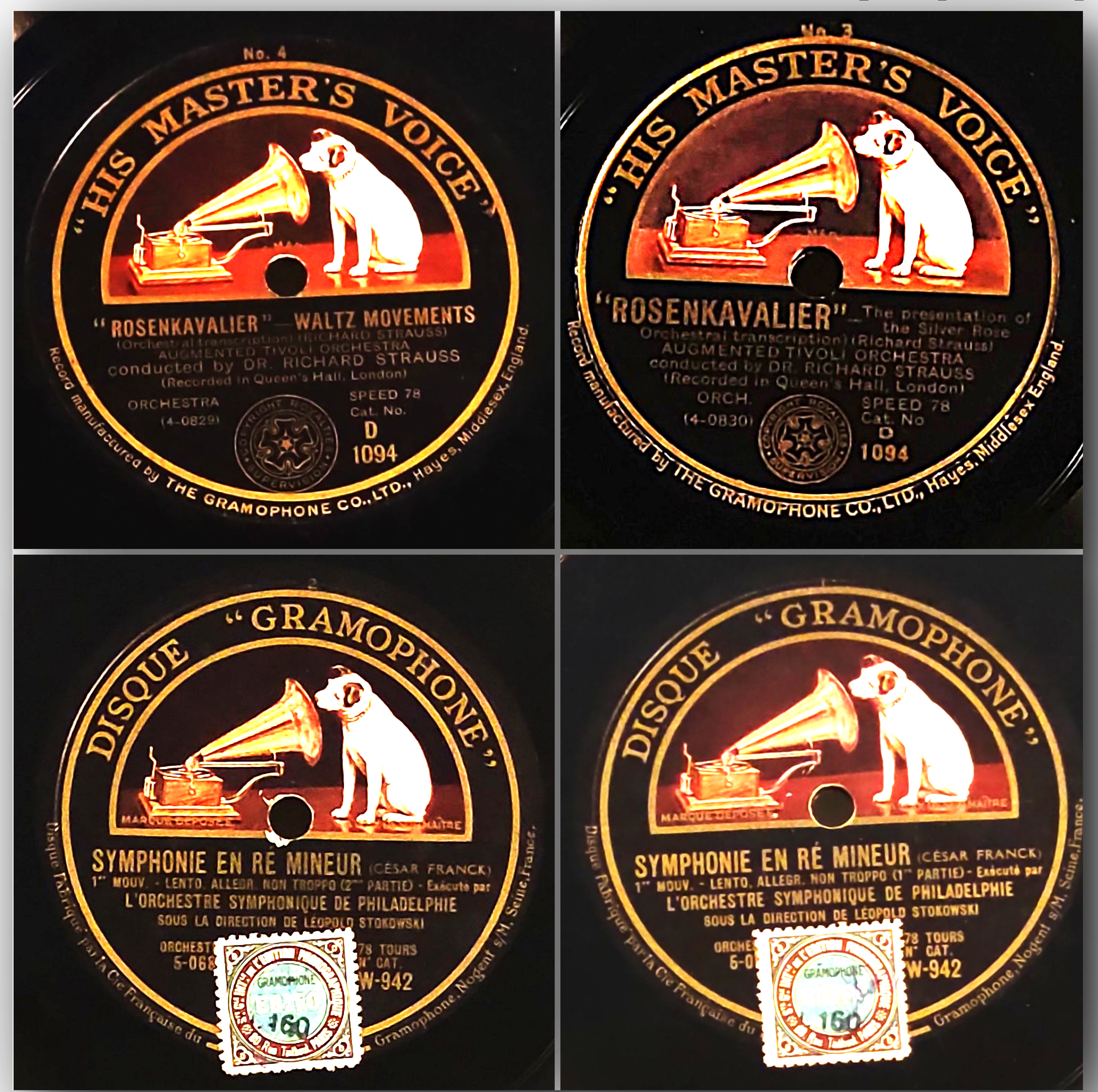 Discos de pizarra: Strauss El caballero de la rosa Stokowski Sinfon&iacute;a de Franck Gramophone HMV Lote x 2