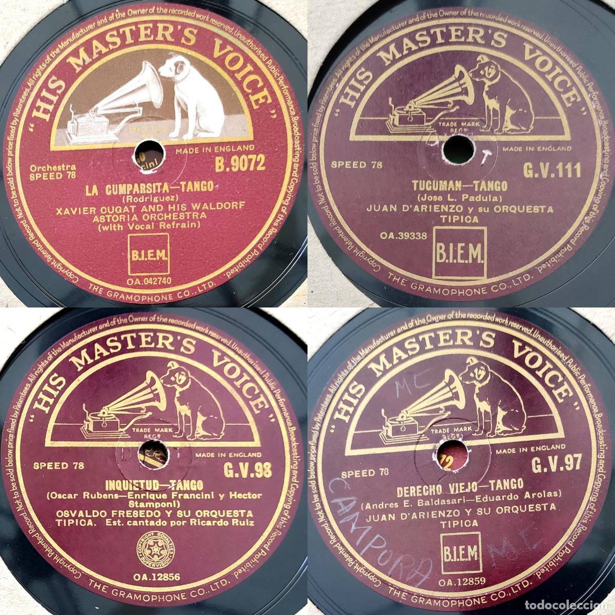 Discos de pizarra: Juan D'Arienzo Xavier Cugat Fresedo La Cumparsita Tucuman Tango Congas HMV England lote x 4
