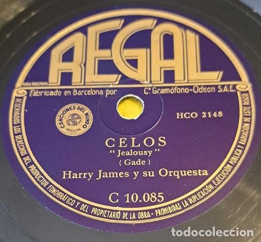 Discos de pizarra: Disco Pizarra 78rpm 10&rdquo; Regal C 10.085. Harry James y su Orquesta. Celos / Brillo de Luna