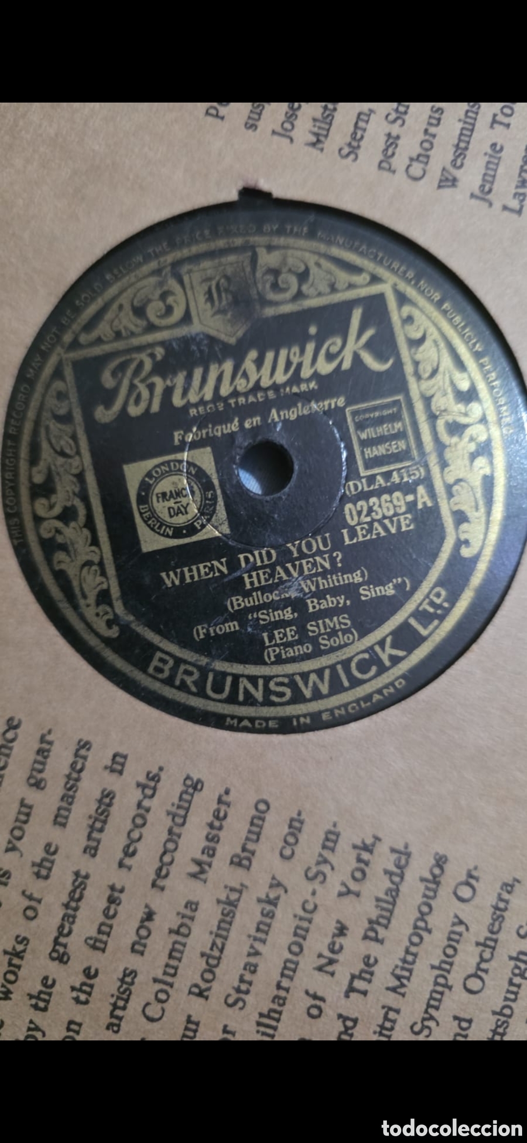 Discos de pizarra: Disco de Pizarra 78 RPM - Lee Sims (Piano Solo) - When Did You Leave Heaven? - Brunswick 02369-A (UK