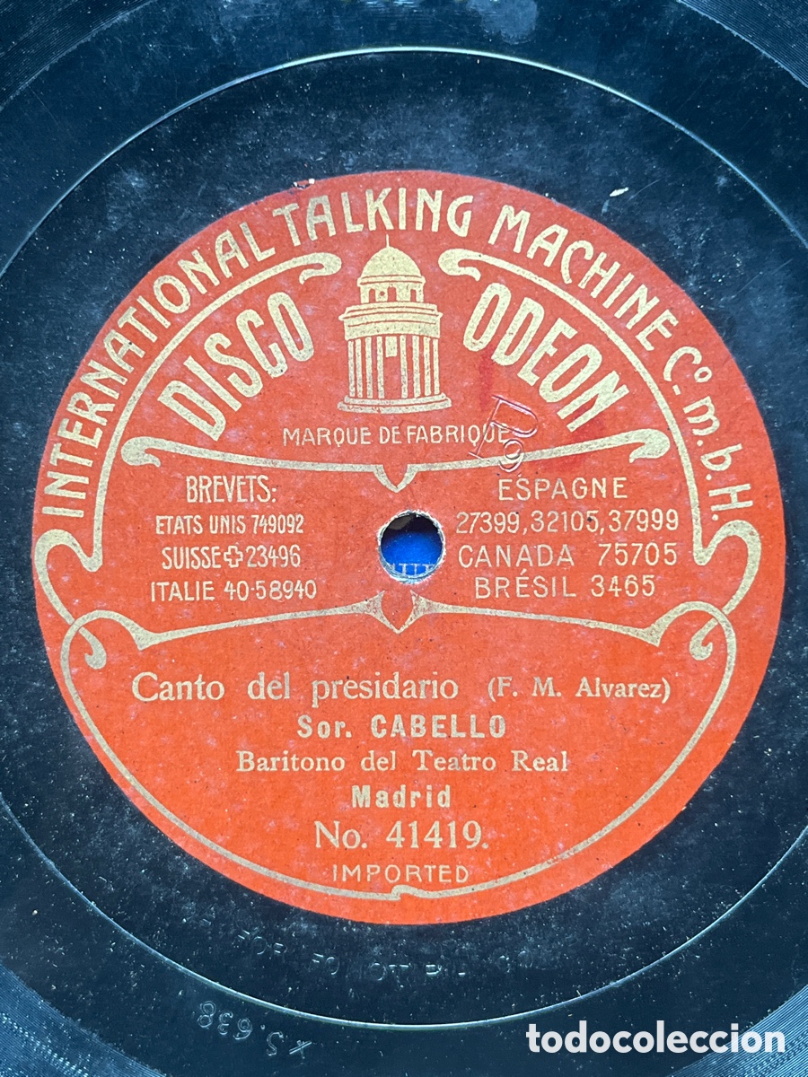 Discos de pizarra: 78 Rpm - Odeon - Sor. Cabello - Cantares / Canto del presidiario- Bar&iacute;tono