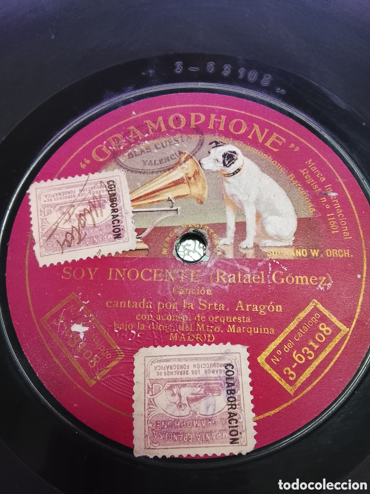 Discos de pizarra: Disco de pizarra soy inocente Rafael G&oacute;mez cantada por la se&ntilde;orita Arag&oacute;n