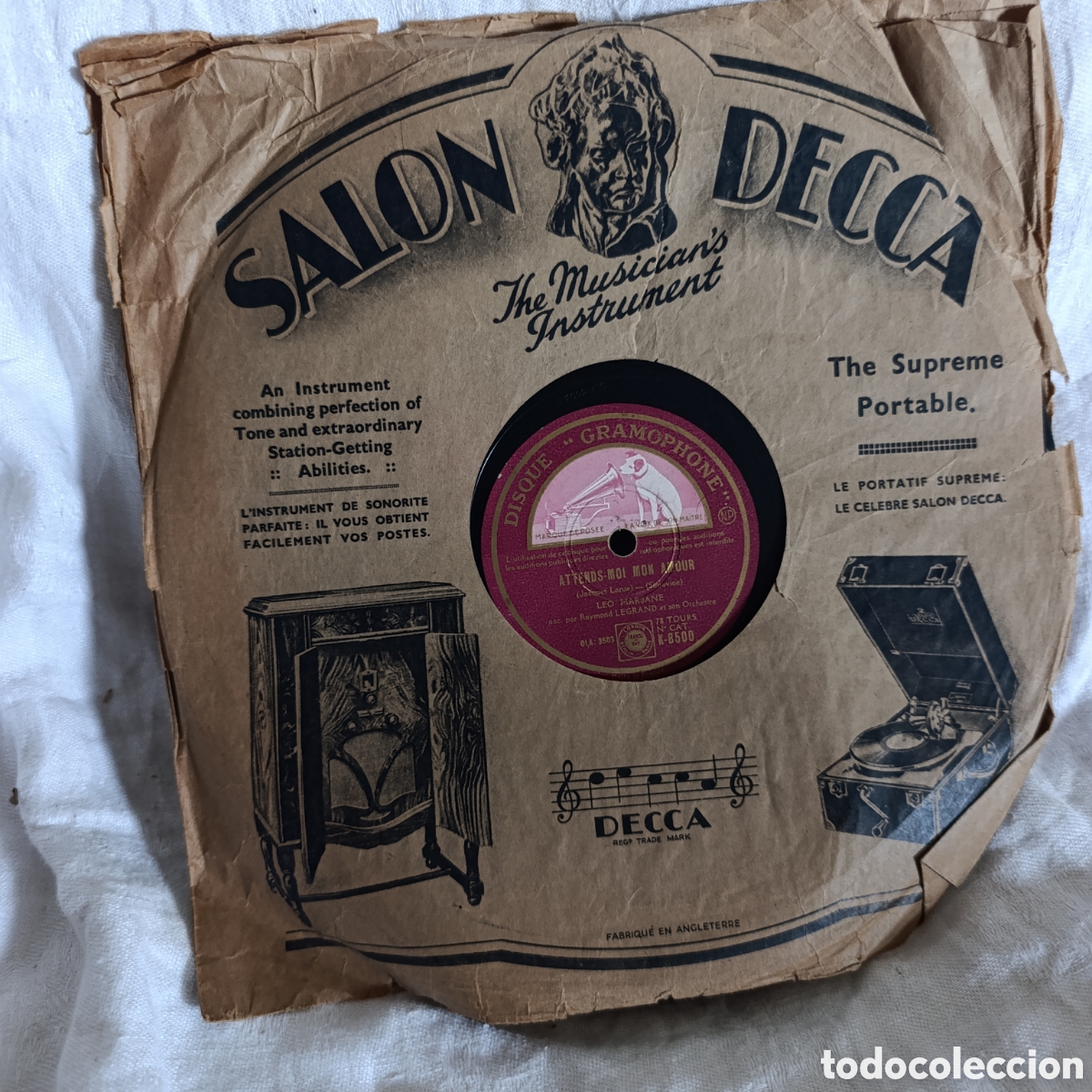 Discos de pizarra: Disco de Pizarra L&eacute;o Marjane,78 RPM - Attends-moi mon amour (1941) Decca,2 guerra mundial